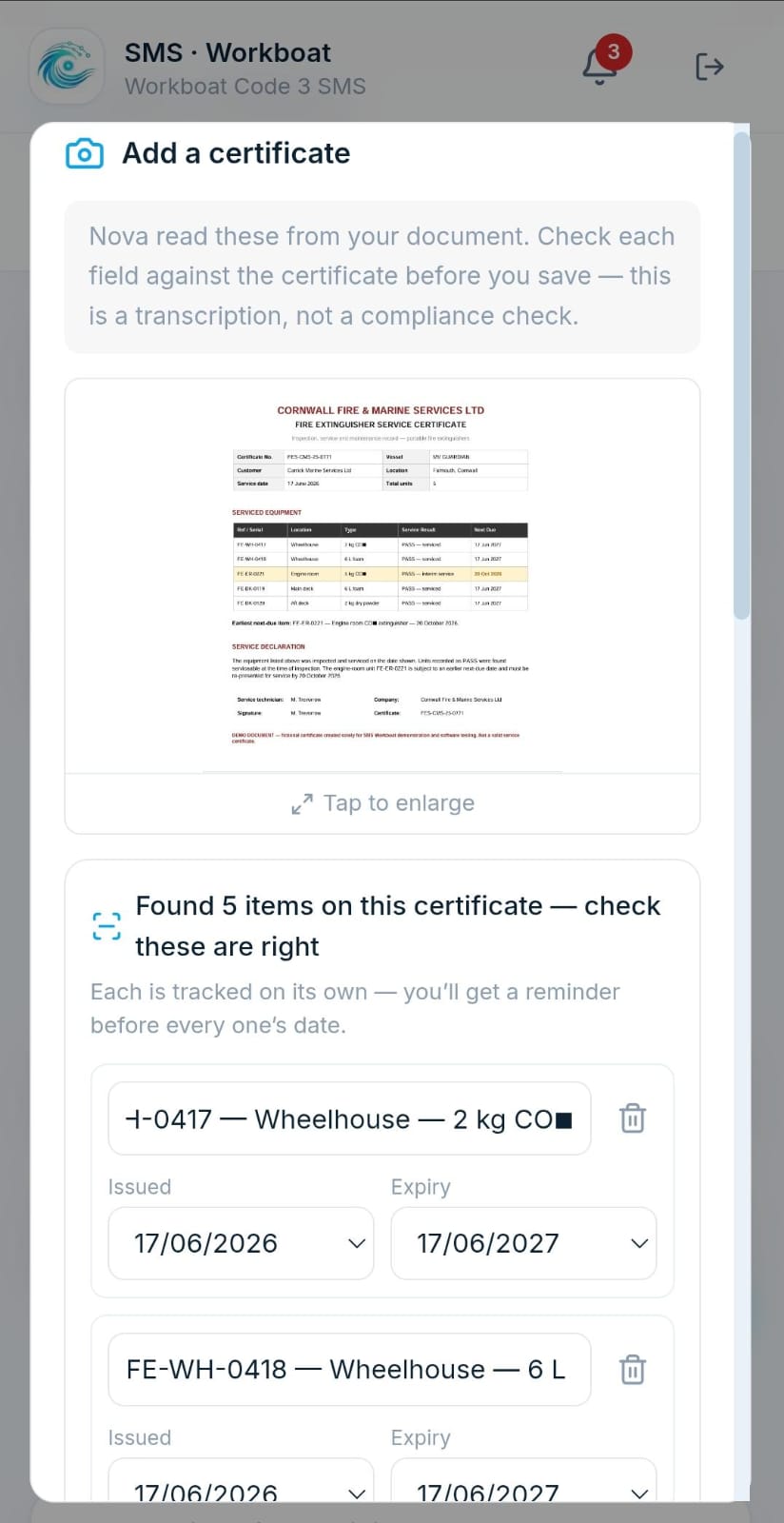 Capturing a certificate in SMS Workboat
