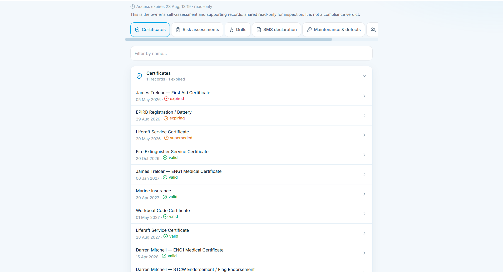 Creating a read-only inspector link for the evidence pack in SMS Workboat