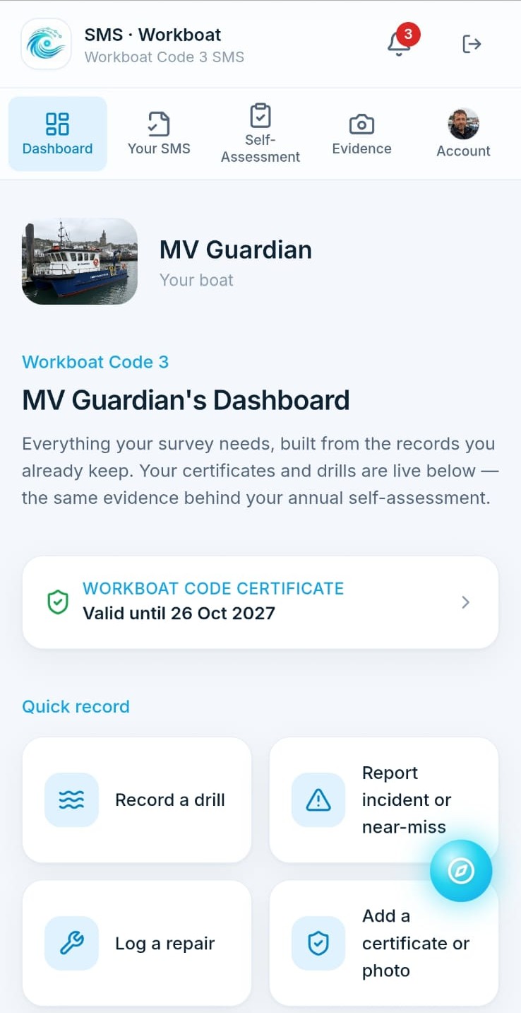 MV Guardian's dashboard in SMS Workboat