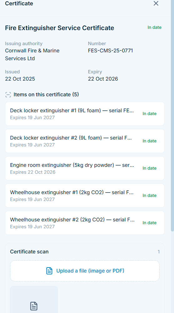 One service certificate covering five extinguishers, each with its own serial and next-due date