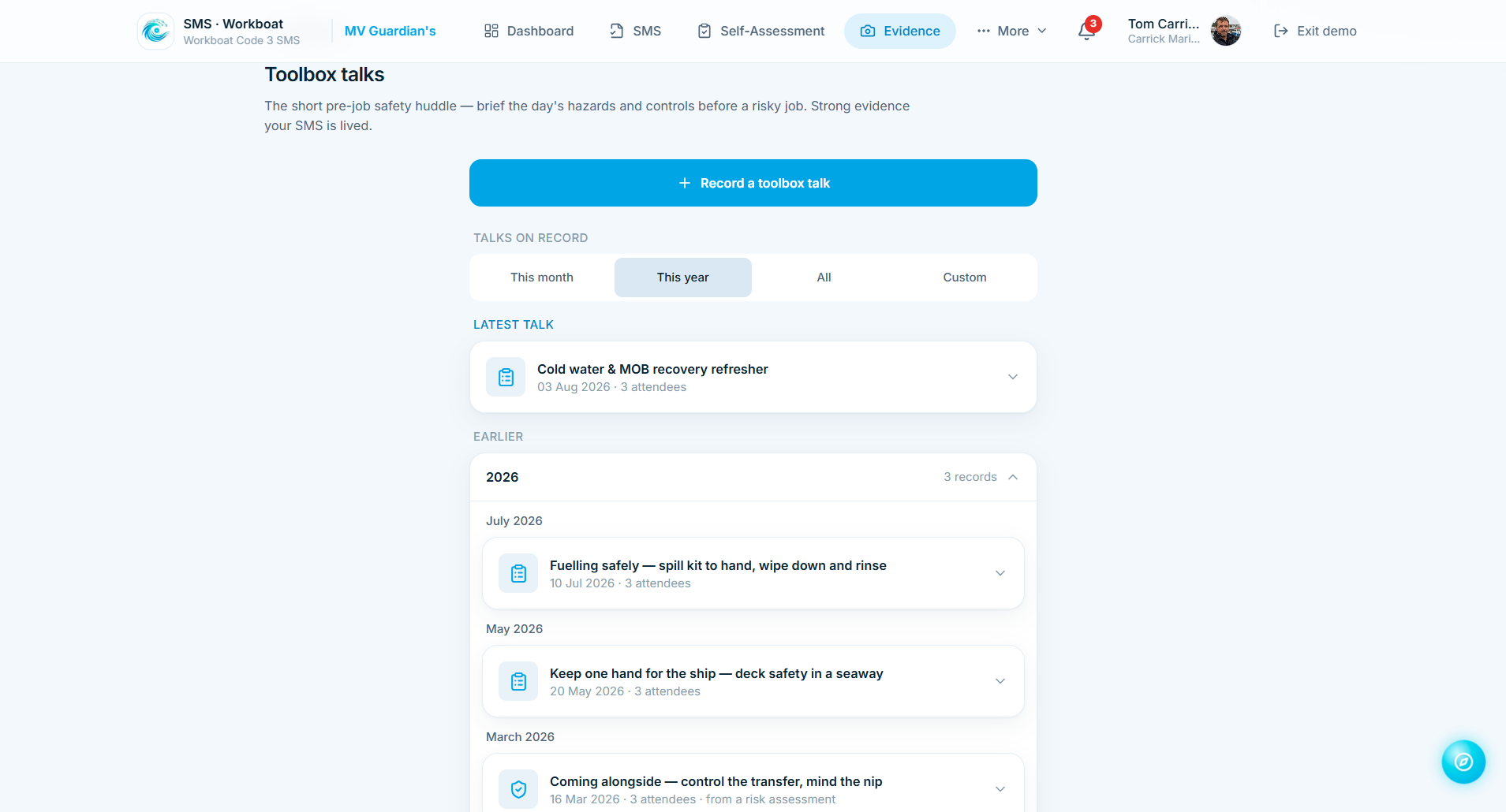 The whole SMS as a scrollable running timeline in SMS Workboat